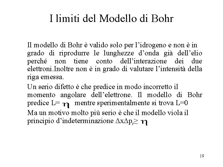 I limiti del Modello di Bohr Il modello di Bohr è valido solo per