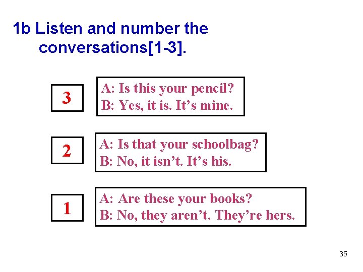1 b Listen and number the conversations[1 -3]. 3 A: Is this your pencil?