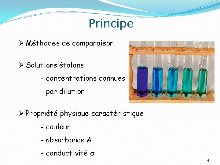 Principe Ø Méthodes de comparaison Ø Solutions étalons - concentrations connues - par dilution