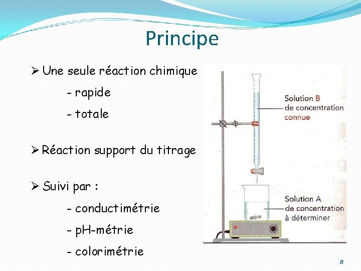 Principe Ø Une seule réaction chimique - rapide - totale Ø Réaction support du