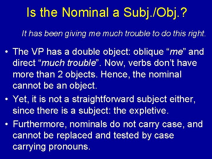 Is the Nominal a Subj. /Obj. ? It has been giving me much trouble