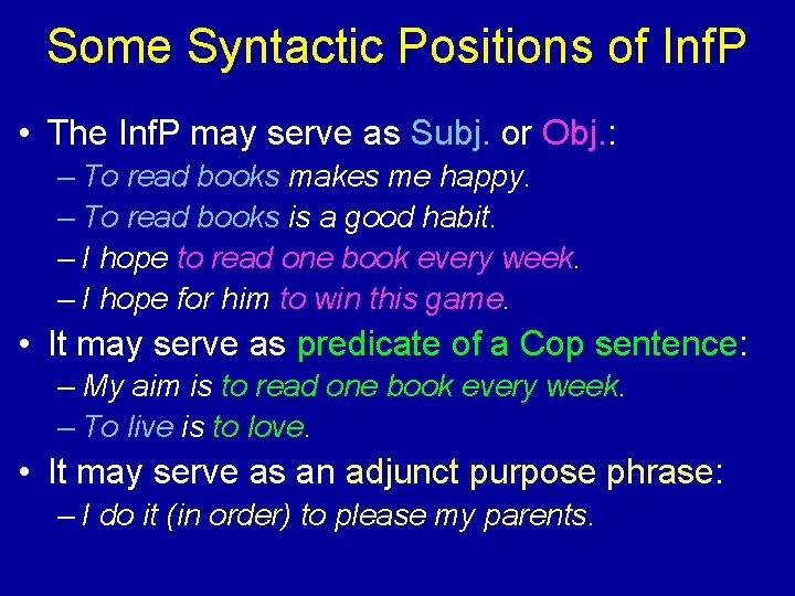 Some Syntactic Positions of Inf. P • The Inf. P may serve as Subj.