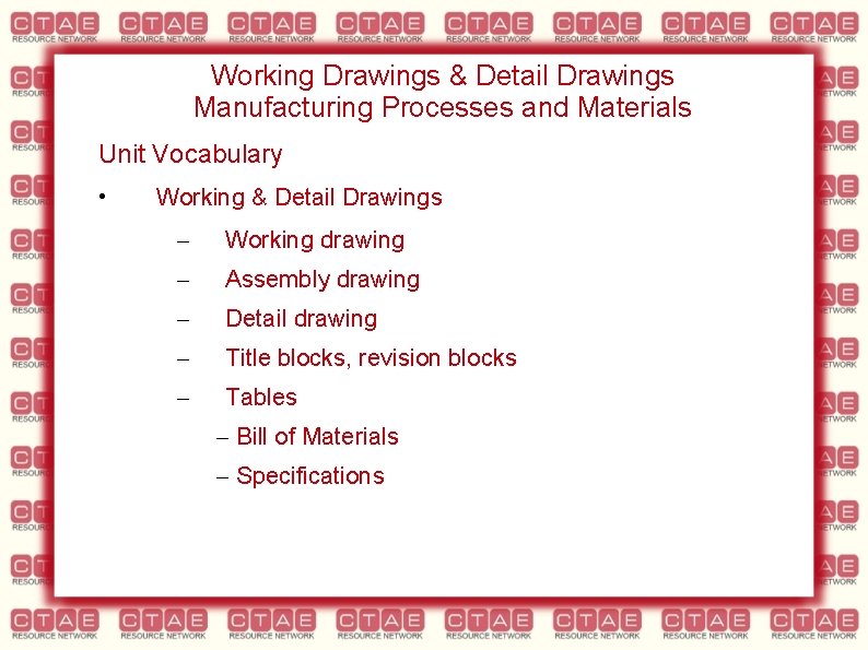 Working Drawings & Detail Drawings Manufacturing Processes and Materials Unit Vocabulary • Working &