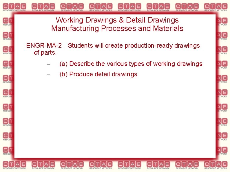 Working Drawings & Detail Drawings Manufacturing Processes and Materials ENGR-MA-2 Students will create production-ready