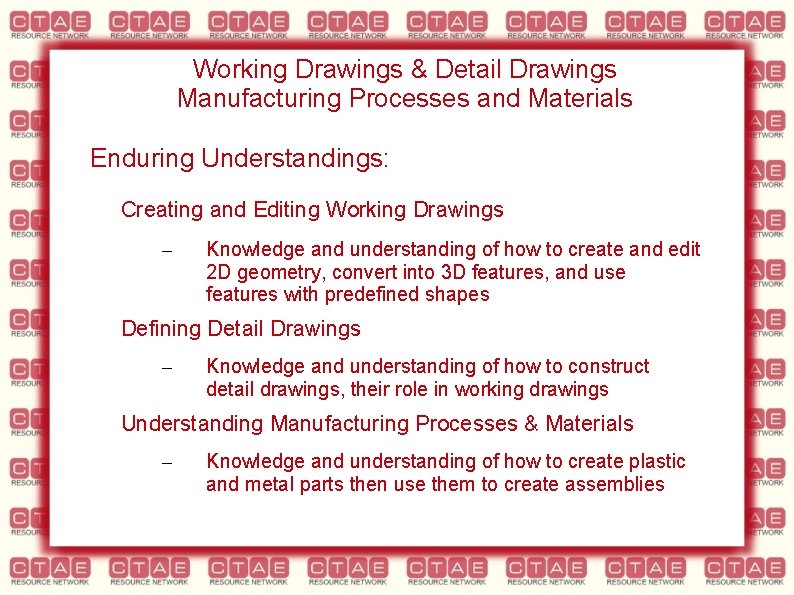 Working Drawings & Detail Drawings Manufacturing Processes and Materials Enduring Understandings: Creating and Editing