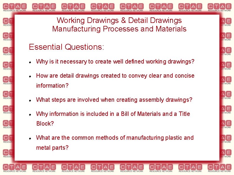 Working Drawings & Detail Drawings Manufacturing Processes and Materials Essential Questions: Why is it