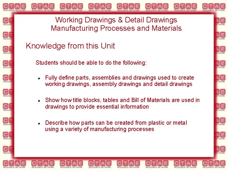 Working Drawings & Detail Drawings Manufacturing Processes and Materials Knowledge from this Unit Students