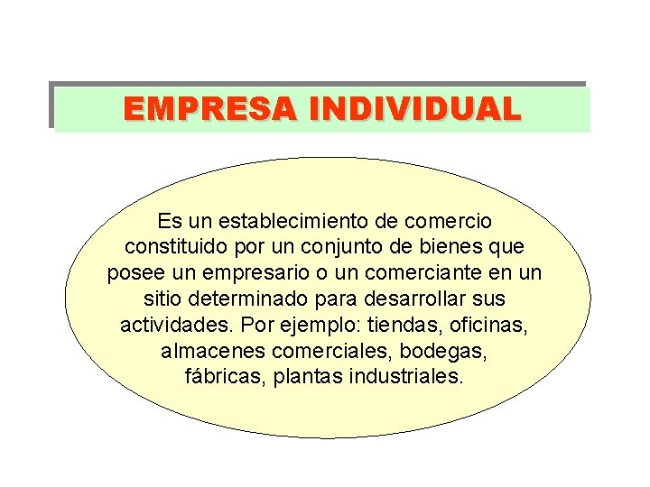 EMPRESA INDIVIDUAL Es un establecimiento de comercio constituido por un conjunto de bienes que EMPRESA INDIVIDUAL Es un establecimiento de comercio constituido por un conjunto de bienes que