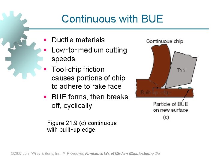 Continuous with BUE § Ductile materials § Low‑to‑medium cutting speeds § Tool-chip friction causes