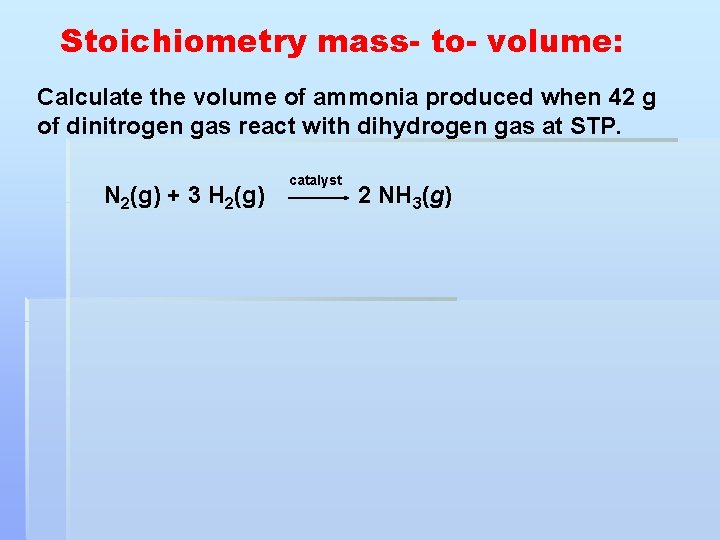 Stoichiometry mass- to- volume: Calculate the volume of ammonia produced when 42 g of