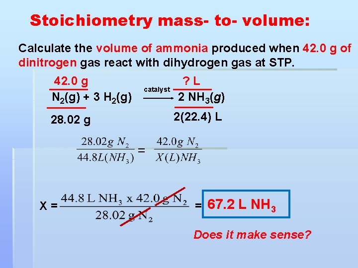 Stoichiometry mass- to- volume: Calculate the volume of ammonia produced when 42. 0 g