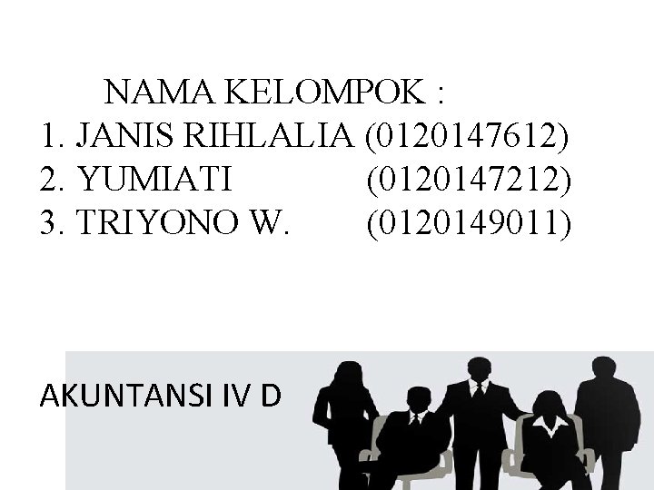 NAMA KELOMPOK : 1. JANIS RIHLALIA (0120147612) 2. YUMIATI (0120147212) 3. TRIYONO W. (0120149011)