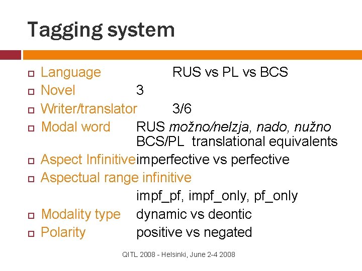 Tagging system Language RUS vs PL vs BCS Novel 3 Writer/translator 3/6 Modal word