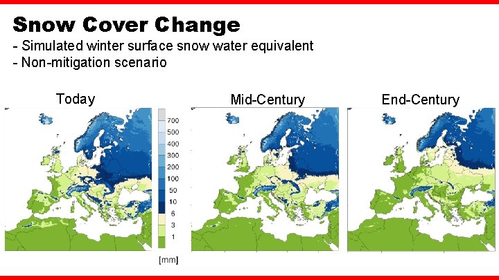 Snow Cover Change - Simulated winter surface snow water equivalent - Non-mitigation scenario Today