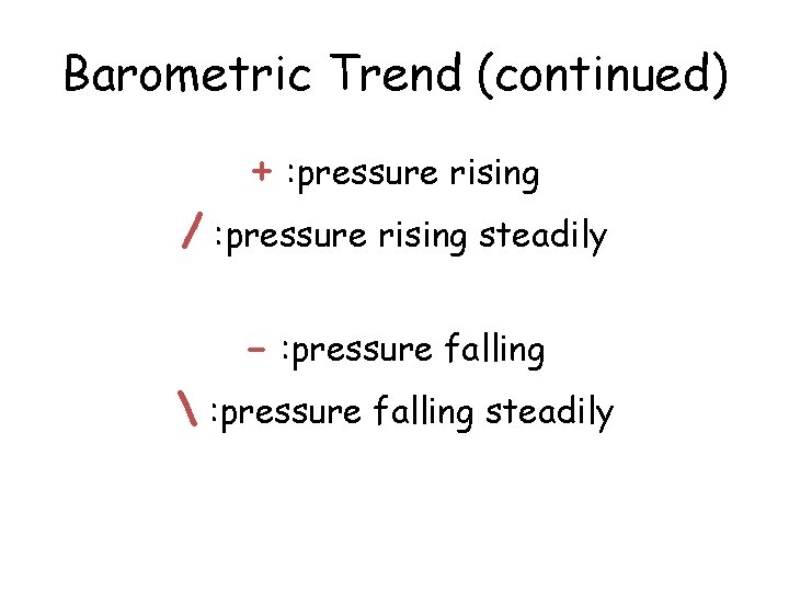 Barometric Trend (continued) + : pressure rising / : pressure rising steadily - :