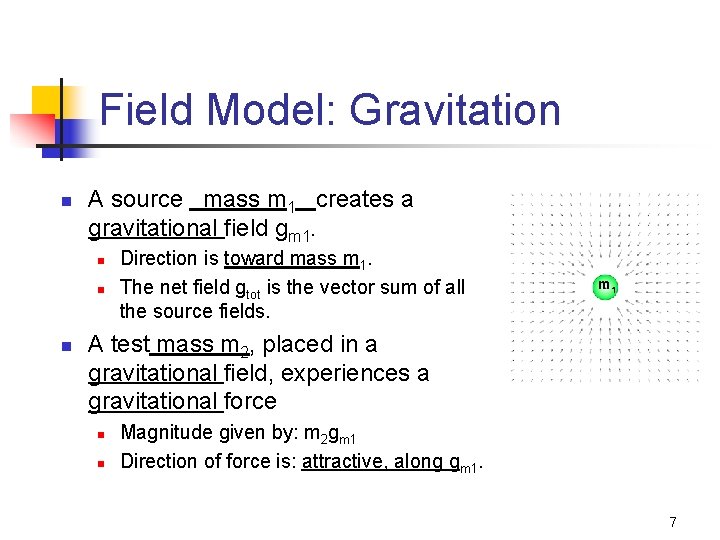 Field Model: Gravitation n A source mass m 1 creates a gravitational field gm