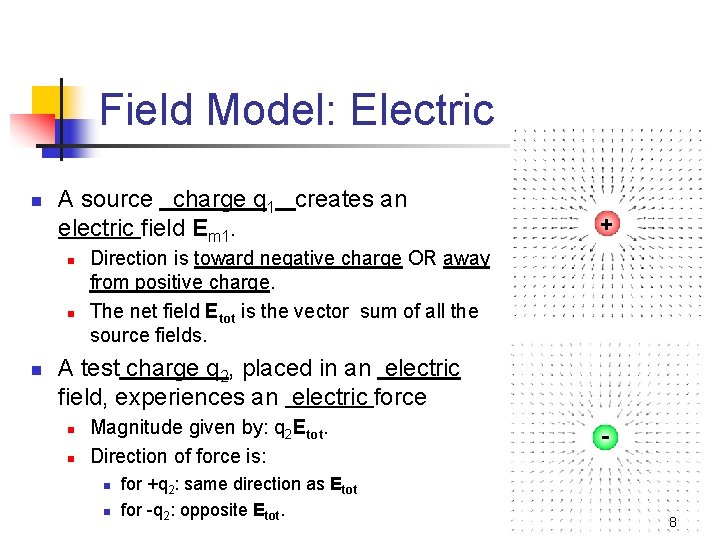 Field Model: Electric n A source charge q 1 creates an electric field Em
