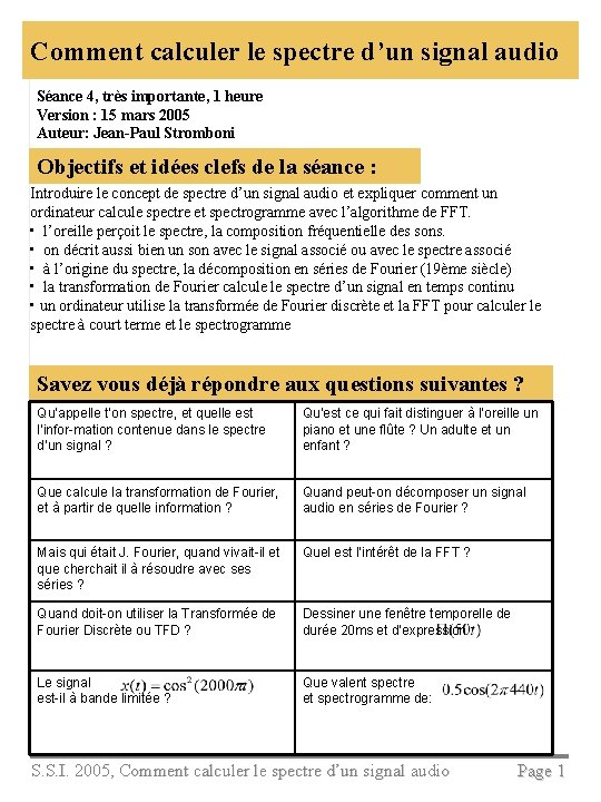 Comment calculer le spectre d’un signal audio Séance 4, très importante, 1 heure Version
