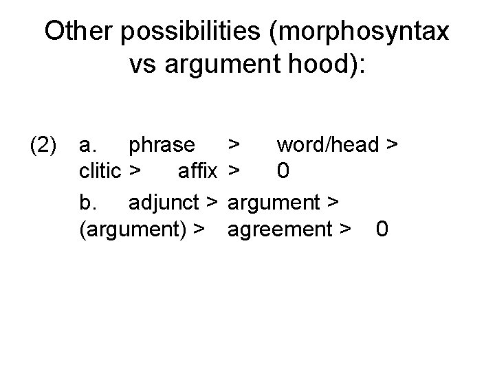 Other possibilities (morphosyntax vs argument hood): (2) a. phrase clitic > affix b. adjunct
