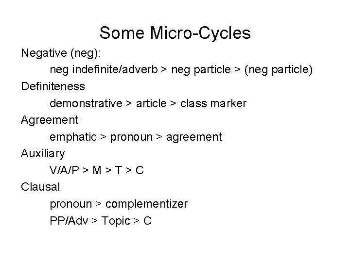 Some Micro-Cycles Negative (neg): neg indefinite/adverb > neg particle > (neg particle) Definiteness demonstrative