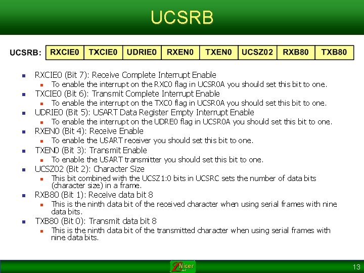 UCSRB n RXCIE 0 (Bit 7): Receive Complete Interrupt Enable n n TXCIE 0