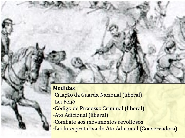 Medidas -Criação da Guarda Nacional (liberal) -Lei Feijó -Código de Processo Criminal (liberal) -Ato