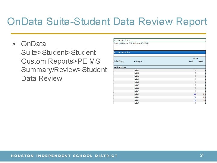 On. Data Suite-Student Data Review Report • On. Data Suite>Student Custom Reports>PEIMS Summary/Review>Student Data