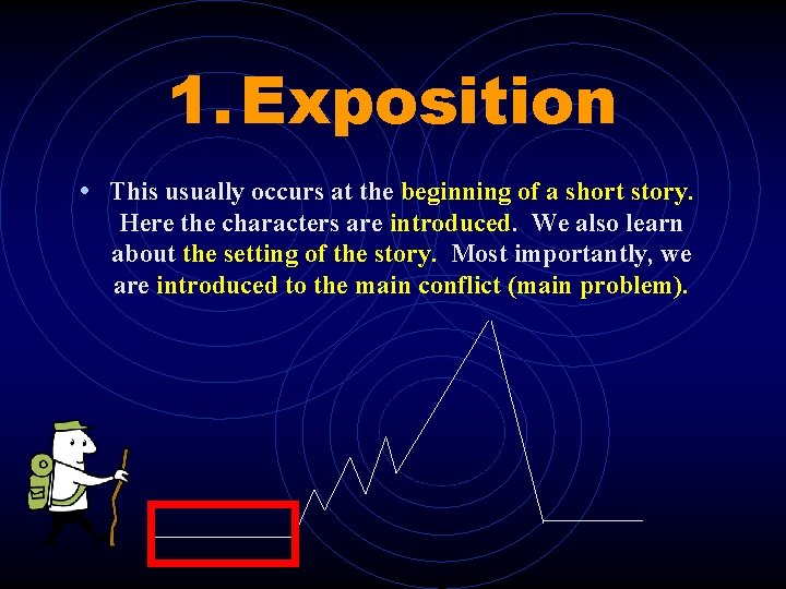 1. Exposition • This usually occurs at the beginning of a short story. Here