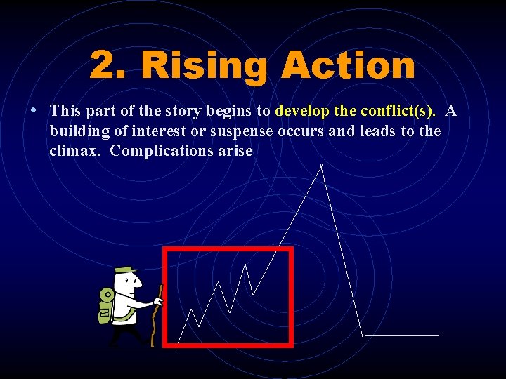 2. Rising Action • This part of the story begins to develop the conflict(s).