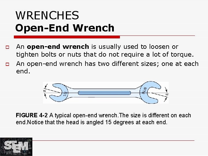 WRENCHES Open-End Wrench o o An open-end wrench is usually used to loosen or