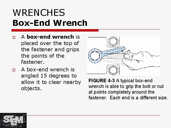 WRENCHES Box-End Wrench o o A box-end wrench is placed over the top of