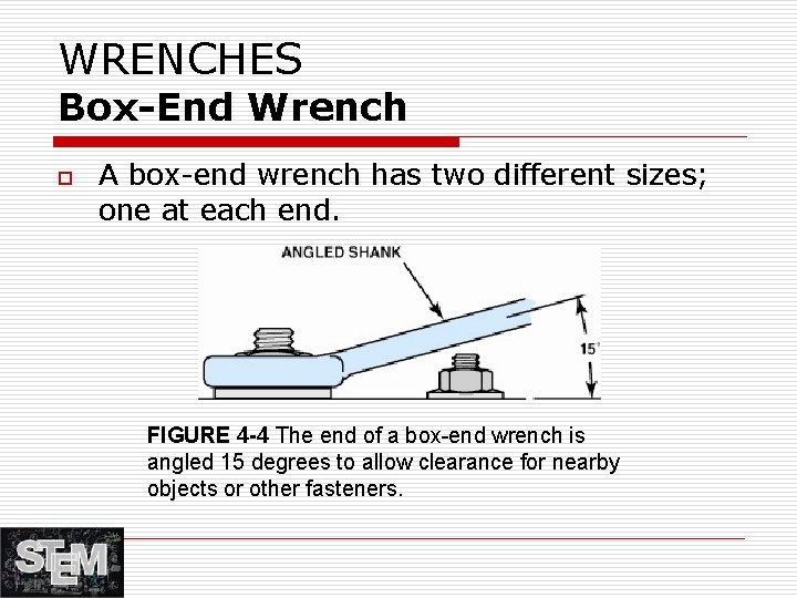 WRENCHES Box-End Wrench o A box-end wrench has two different sizes; one at each