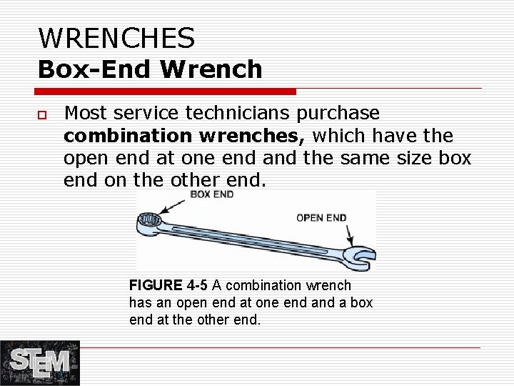 WRENCHES Box-End Wrench o Most service technicians purchase combination wrenches, which have the open