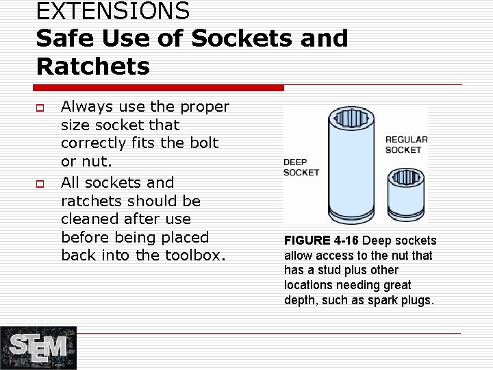 EXTENSIONS Safe Use of Sockets and Ratchets o o Always use the proper size