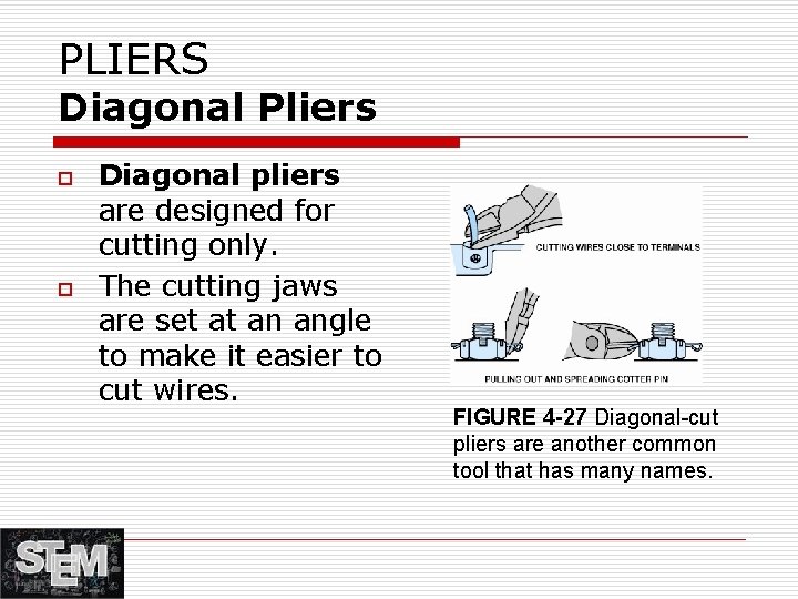 PLIERS Diagonal Pliers o o Diagonal pliers are designed for cutting only. The cutting