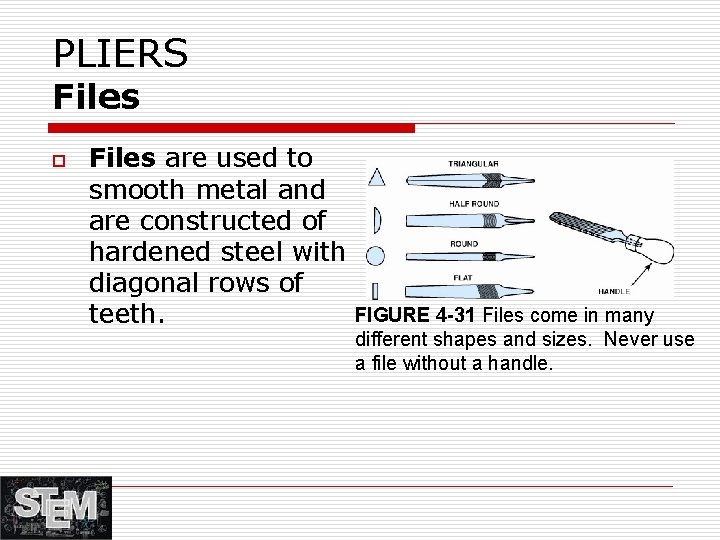 PLIERS Files o Files are used to smooth metal and are constructed of hardened