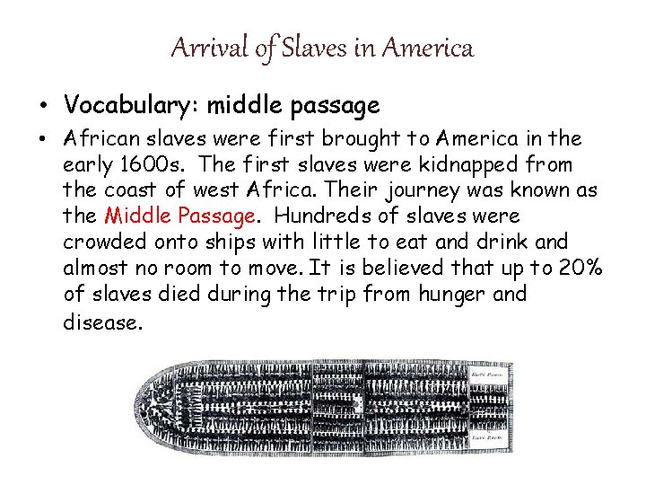 Arrival of Slaves in America • Vocabulary: middle passage • African slaves were first