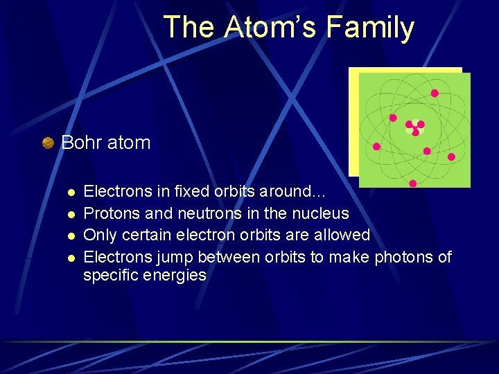 The Atom’s Family Bohr atom l l Electrons in fixed orbits around… Protons and