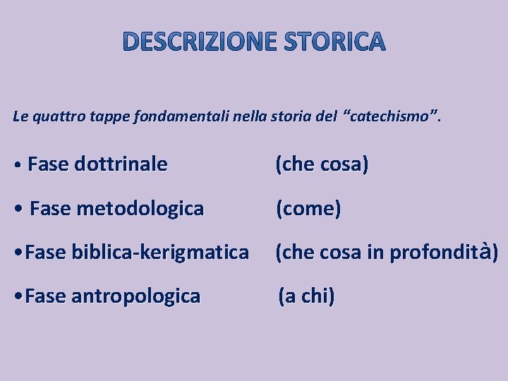 Le quattro tappe fondamentali nella storia del “catechismo”. • Fase dottrinale (che cosa) •