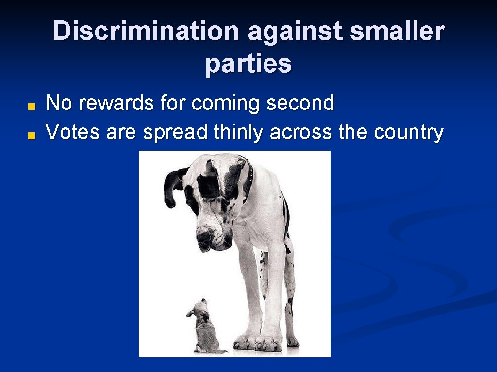 Discrimination against smaller parties ■ ■ No rewards for coming second Votes are spread