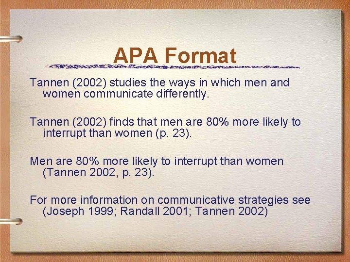 APA Format Tannen (2002) studies the ways in which men and women communicate differently.