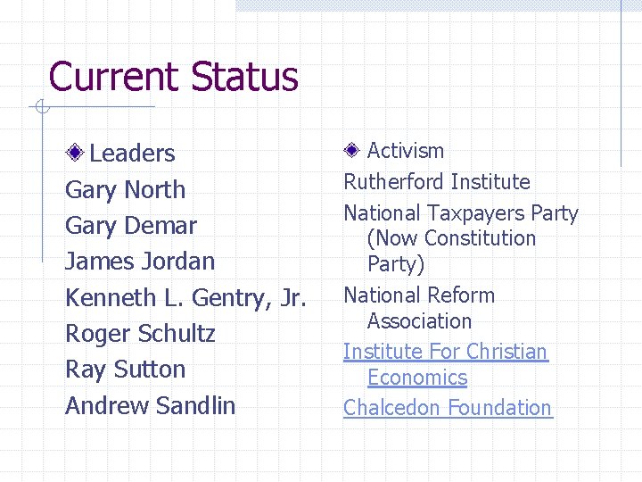 Current Status Leaders Gary North Gary Demar James Jordan Kenneth L. Gentry, Jr. Roger