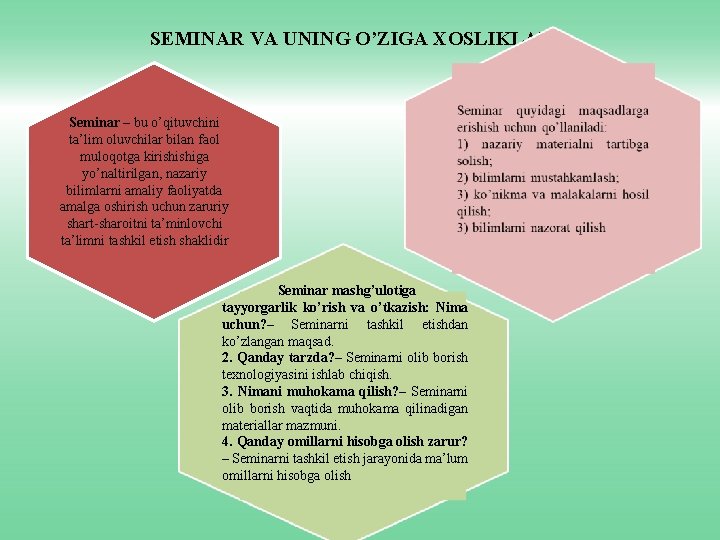 SEMINAR VA UNING O’ZIGA XOSLIKLARI Seminar – bu o’qituvchini ta’lim oluvchilar bilan faol muloqotga