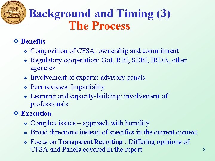 Background and Timing (3) The Process v Benefits v Composition of CFSA: ownership and