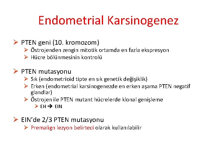 Endometrial Karsinogenez Ø PTEN geni (10. kromozom) Ø Östrojenden zengin mitotik ortamda en fazla