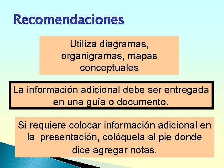 Recomendaciones Utiliza diagramas, organigramas, mapas conceptuales La información adicional debe ser entregada en una