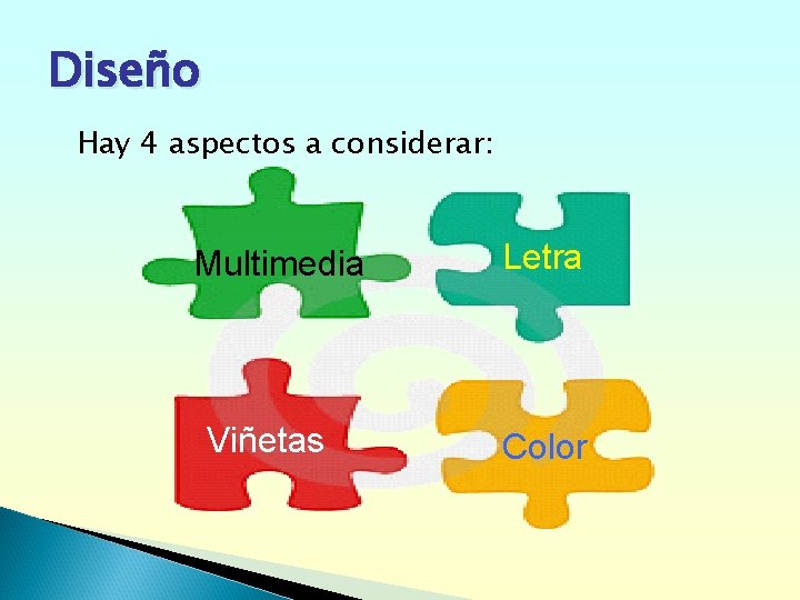 Diseño Hay 4 aspectos a considerar: Multimedia Viñetas Letra Color 