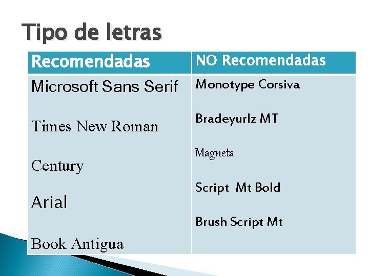 Tipo de letras Recomendadas NO Recomendadas Microsoft Sans Serif Monotype Corsiva Times New Roman
