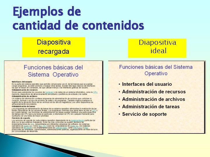 Ejemplos de cantidad de contenidos Diapositiva recargada Diapositiva ideal 