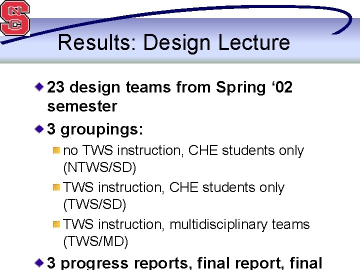 Results: Design Lecture 23 design teams from Spring ‘ 02 semester 3 groupings: no